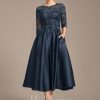 Mother of the Bride Dresses | A-line Scoop Illusion Tea-Length Satin Lace Mother of the Bride Dress With Sequins Dark Navy – Womens