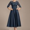 Mother of the Bride Dresses | A-line Scoop Illusion Tea-Length Satin Lace Mother of the Bride Dress With Sequins Dark Navy – Womens