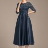 Mother of the Bride Dresses | A-line Scoop Illusion Tea-Length Satin Lace Mother of the Bride Dress With Sequins Dark Navy – Womens