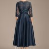 Mother of the Bride Dresses | A-line Scoop Illusion Tea-Length Satin Lace Mother of the Bride Dress With Sequins Dark Navy – Womens