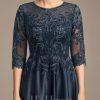 Mother of the Bride Dresses | A-line Scoop Illusion Tea-Length Satin Lace Mother of the Bride Dress With Sequins Dark Navy – Womens