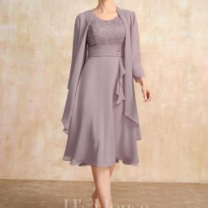 Mother of the Bride Dresses | A-line Scoop Knee-Length Chiffon Lace Mother of the Bride Dress With Beading Sequins Dusk – Womens