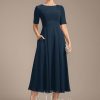 Mother of the Bride Dresses | A-line Scoop Tea-Length Chiffon Mother of the Bride Dress With Appliques Lace Sequins Dark Navy – Womens