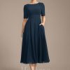 Mother of the Bride Dresses | A-line Scoop Tea-Length Chiffon Mother of the Bride Dress With Appliques Lace Sequins Dark Navy – Womens