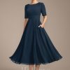 Mother of the Bride Dresses | A-line Scoop Tea-Length Chiffon Mother of the Bride Dress With Appliques Lace Sequins Dark Navy – Womens