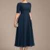 Mother of the Bride Dresses | A-line Scoop Tea-Length Chiffon Mother of the Bride Dress With Appliques Lace Sequins Dark Navy – Womens