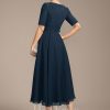 Mother of the Bride Dresses | A-line Scoop Tea-Length Chiffon Mother of the Bride Dress With Appliques Lace Sequins Dark Navy – Womens