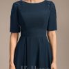 Mother of the Bride Dresses | A-line Scoop Tea-Length Chiffon Mother of the Bride Dress With Appliques Lace Sequins Dark Navy – Womens