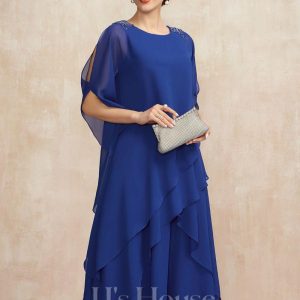 Mother of the Bride Dresses | A-line Scoop Tea-Length Chiffon Mother of the Bride Dress With Cascading Ruffles Sequins Beading As Picture – Womens