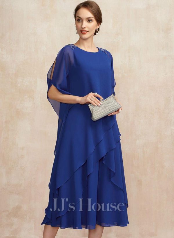 Mother of the Bride Dresses | A-line Scoop Tea-Length Chiffon Mother of the Bride Dress With Cascading Ruffles Sequins Beading As Picture – Womens