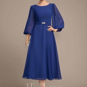 Mother of the Bride Dresses | A-line Scoop Tea-Length Chiffon Mother of the Bride Dress With Crystal Brooch Pleated As Picture – Womens