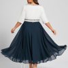 Mother of the Bride Dresses | A-line Scoop Tea-Length Chiffon Mother of the Bride Dress With Pleated Beading Sequins Dark Navy – Womens