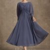 Mother of the Bride Dresses | A-line Scoop Tea-Length Chiffon Mother of the Bride Dress With Pleated Beading Stormy – Womens