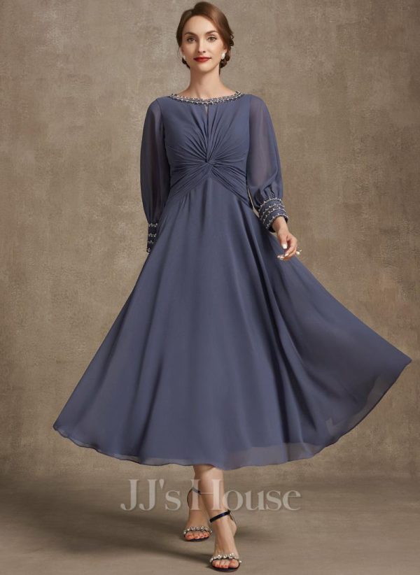 Mother of the Bride Dresses | A-line Scoop Tea-Length Chiffon Mother of the Bride Dress With Pleated Beading Stormy – Womens