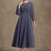 Mother of the Bride Dresses | A-line Scoop Tea-Length Chiffon Mother of the Bride Dress With Pleated Beading Stormy – Womens