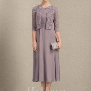 Mother of the Bride Dresses | A-line Scoop Tea-Length Chiffon Mother of the Bride Dress With Pleated Dusk – Womens