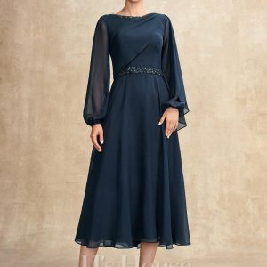 Mother of the Bride Dresses | A-line Scoop Tea-Length Chiffon Mother of the Bride Dress With Pleated Sequins Beading Dark Navy – Womens