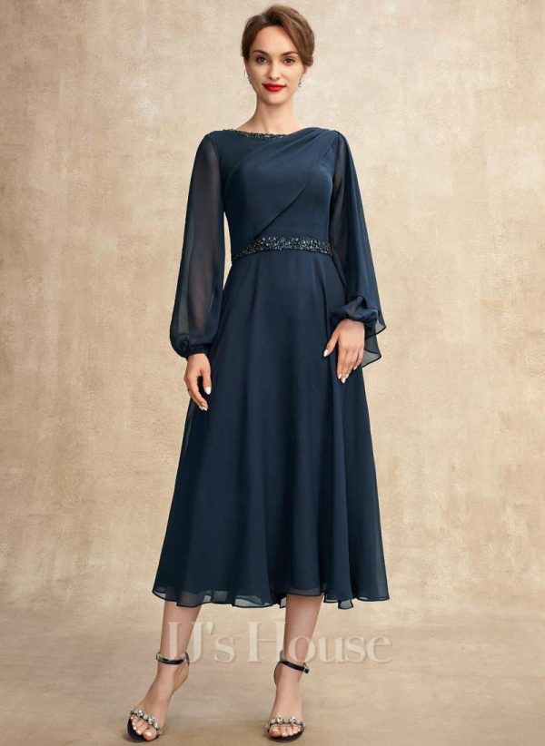 Mother of the Bride Dresses | A-line Scoop Tea-Length Chiffon Mother of the Bride Dress With Pleated Sequins Beading Dark Navy – Womens