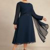 Mother of the Bride Dresses | A-line Scoop Tea-Length Chiffon Mother of the Bride Dress With Pleated Sequins Beading Dark Navy – Womens