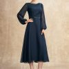 Mother of the Bride Dresses | A-line Scoop Tea-Length Chiffon Mother of the Bride Dress With Pleated Sequins Beading Dark Navy – Womens