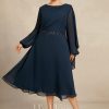 Mother of the Bride Dresses | A-line Scoop Tea-Length Chiffon Mother of the Bride Dress With Pleated Sequins Beading Dark Navy – Womens