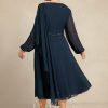 Mother of the Bride Dresses | A-line Scoop Tea-Length Chiffon Mother of the Bride Dress With Pleated Sequins Beading Dark Navy – Womens