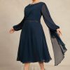 Mother of the Bride Dresses | A-line Scoop Tea-Length Chiffon Mother of the Bride Dress With Pleated Sequins Beading Dark Navy – Womens