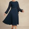 Mother of the Bride Dresses | A-line Scoop Tea-Length Chiffon Mother of the Bride Dress With Pleated Sequins Beading Dark Navy – Womens