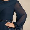 Mother of the Bride Dresses | A-line Scoop Tea-Length Chiffon Mother of the Bride Dress With Pleated Sequins Beading Dark Navy – Womens