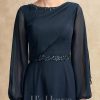 Mother of the Bride Dresses | A-line Scoop Tea-Length Chiffon Mother of the Bride Dress With Pleated Sequins Beading Dark Navy – Womens