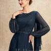 Mother of the Bride Dresses | A-line Scoop Tea-Length Chiffon Mother of the Bride Dress With Pleated Sequins Beading Dark Navy – Womens