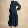 Mother of the Bride Dresses | A-line Scoop Tea-Length Chiffon Mother of the Bride Dress With Pleated Sequins Beading Dark Navy – Womens