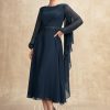 Mother of the Bride Dresses | A-line Scoop Tea-Length Chiffon Mother of the Bride Dress With Pleated Sequins Beading Dark Navy – Womens