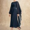 Mother of the Bride Dresses | A-line Scoop Tea-Length Chiffon Mother of the Bride Dress With Pleated Sequins Beading Dark Navy – Womens