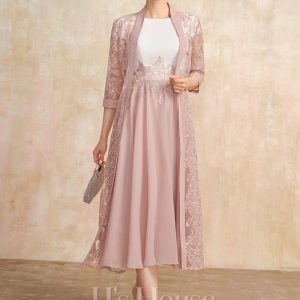 Mother of the Bride Dresses | A-line Scoop Tea-Length Chiffon Mother of the Bride Dress With Sequins Appliques Lace Dusty Rose – Womens