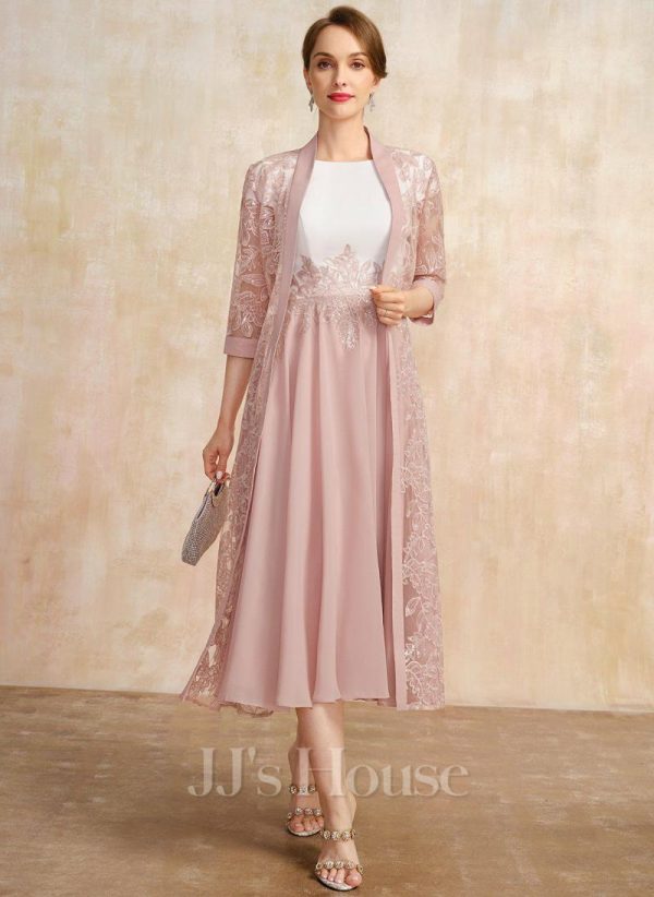 Mother of the Bride Dresses | A-line Scoop Tea-Length Chiffon Mother of the Bride Dress With Sequins Appliques Lace Dusty Rose – Womens