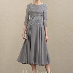 Mother of the Bride Dresses | A-line Scoop Tea-Length Lace Chiffon Mother of the Bride Dress As Picture – Womens