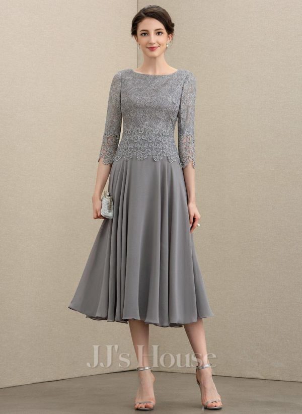 Mother of the Bride Dresses | A-line Scoop Tea-Length Lace Chiffon Mother of the Bride Dress As Picture – Womens