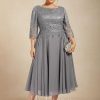 Mother of the Bride Dresses | A-line Scoop Tea-Length Lace Chiffon Mother of the Bride Dress As Picture – Womens