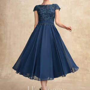 Mother of the Bride Dresses | A-line Scoop Tea-Length Lace Chiffon Mother of the Bride Dress Navy Blue – Womens