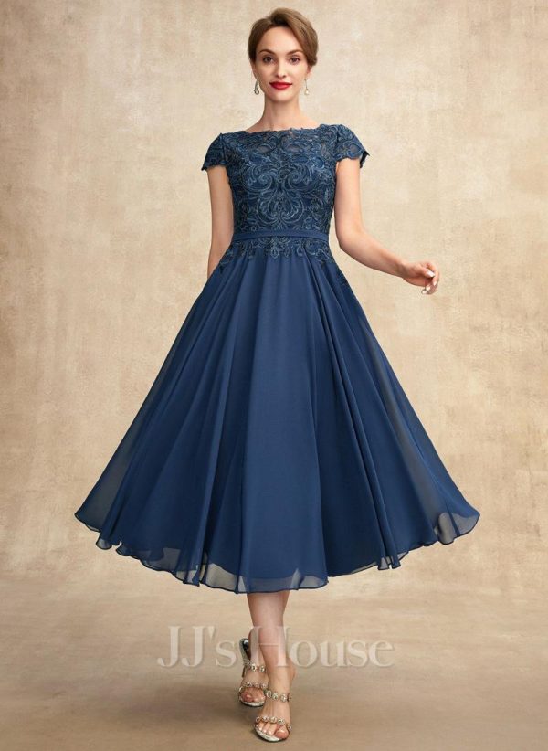 Mother of the Bride Dresses | A-line Scoop Tea-Length Lace Chiffon Mother of the Bride Dress Navy Blue – Womens