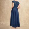 Mother of the Bride Dresses | A-line Scoop Tea-Length Lace Chiffon Mother of the Bride Dress Navy Blue – Womens