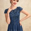 Mother of the Bride Dresses | A-line Scoop Tea-Length Lace Chiffon Mother of the Bride Dress Navy Blue – Womens