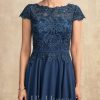 Mother of the Bride Dresses | A-line Scoop Tea-Length Lace Chiffon Mother of the Bride Dress Navy Blue – Womens