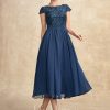 Mother of the Bride Dresses | A-line Scoop Tea-Length Lace Chiffon Mother of the Bride Dress Navy Blue – Womens