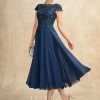 Mother of the Bride Dresses | A-line Scoop Tea-Length Lace Chiffon Mother of the Bride Dress Navy Blue – Womens