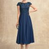 Mother of the Bride Dresses | A-line Scoop Tea-Length Lace Chiffon Mother of the Bride Dress Navy Blue – Womens