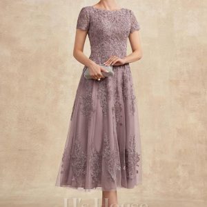 Mother of the Bride Dresses | A-line Scoop Tea-Length Tulle Lace Mother of the Bride Dress Dusk – Womens