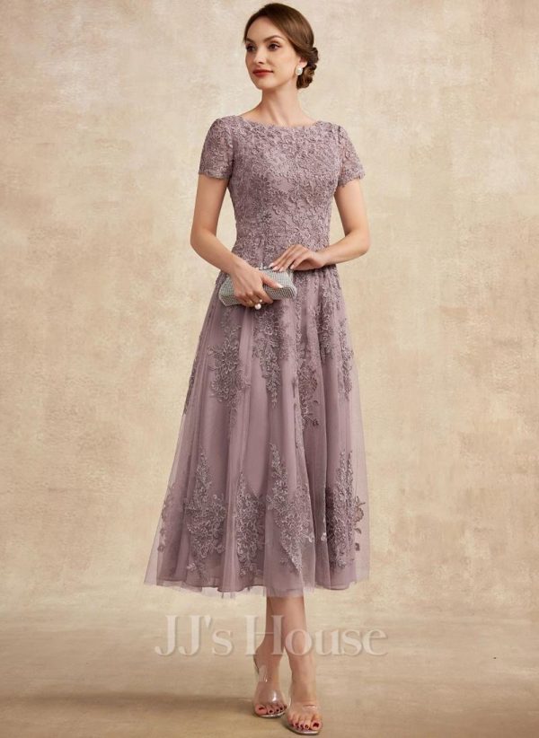 Mother of the Bride Dresses | A-line Scoop Tea-Length Tulle Lace Mother of the Bride Dress Dusk – Womens