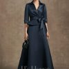 Mother of the Bride Dresses | A-line Separates V-Neck Collared Ankle-Length Satin Mother of the Bride Dress With Pleated Bow Dark Navy – Womens